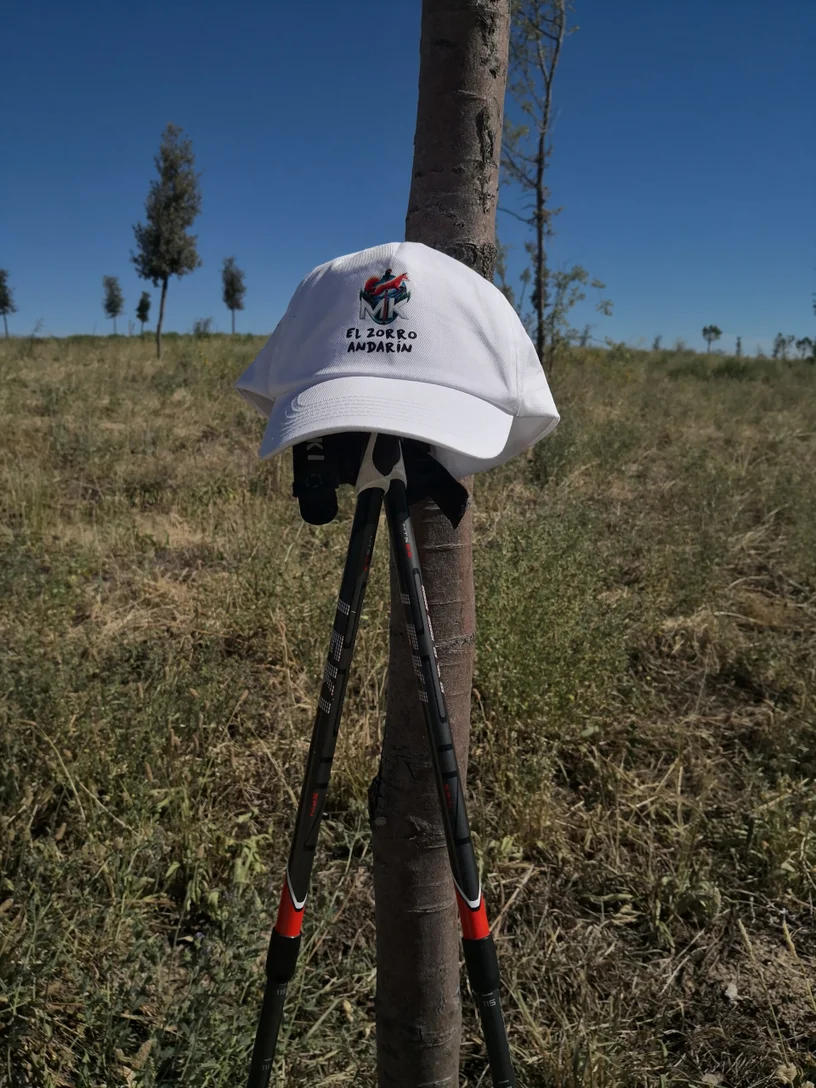 Gorra blanca de El Zorro Andarín sobre bastones de marcha nórdica